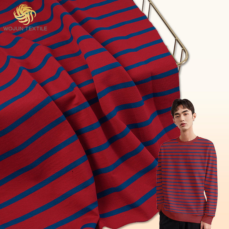 French Terry Blue And Red Stripe Fabric 200cm Width Pure Cotton For Hoodie